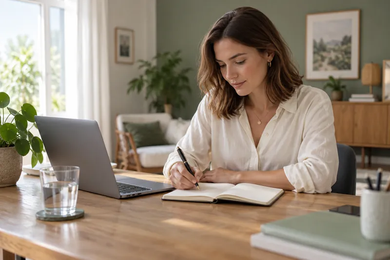 Eine Bewerberin bereitet zu Hause am Laptop mit handschriftlichen Notizen ein Vorstellungsgespräch vor.