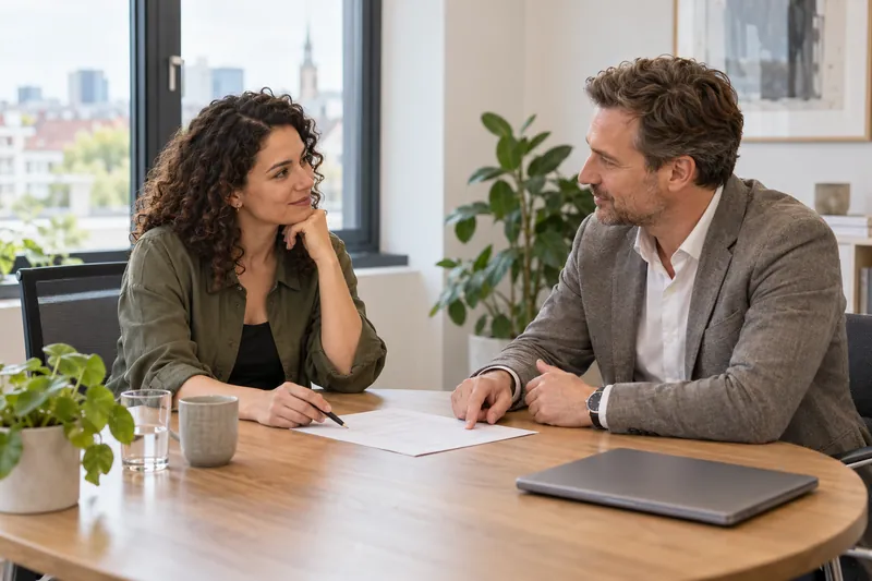 Eine Bewerberin und ein Arbeitgeber besprechen ein schriftliches Angebot an einem Besprechungstisch.