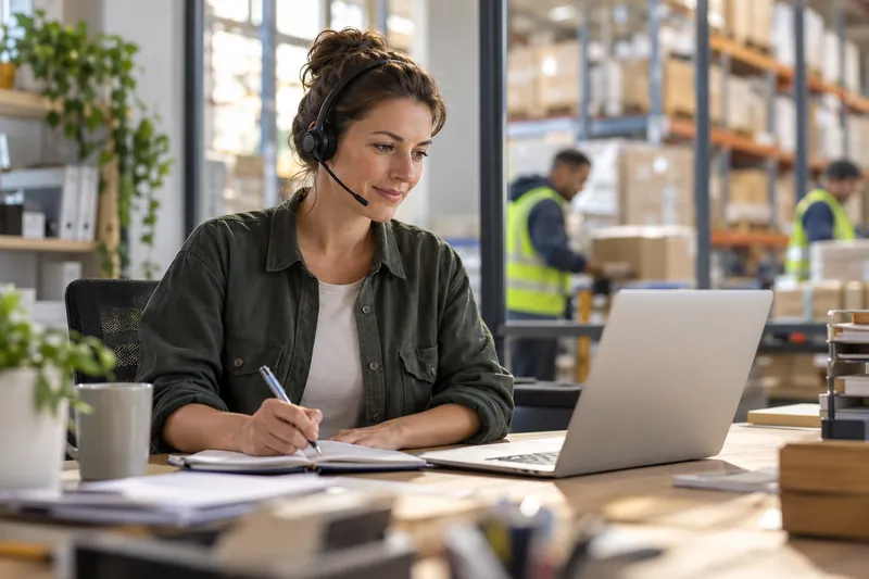 Personalverantwortliche stimmt den Bedarf eines Lagerteams telefonisch ab.