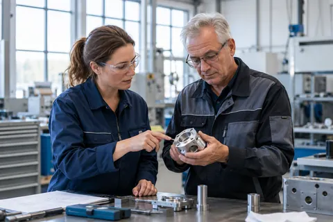 Ingenieurin und Techniker besprechen ein Bauteil an einer Werkbank in einem Industriebetrieb.
