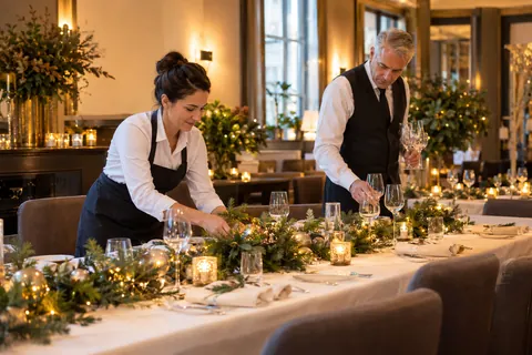 Zwei Servicekräfte decken einen festlichen Tisch für eine Firmenfeier im Restaurant.