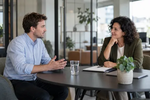 Bewerber und Personalverantwortliche führen ein Gespräch an einem Tisch im Büro.