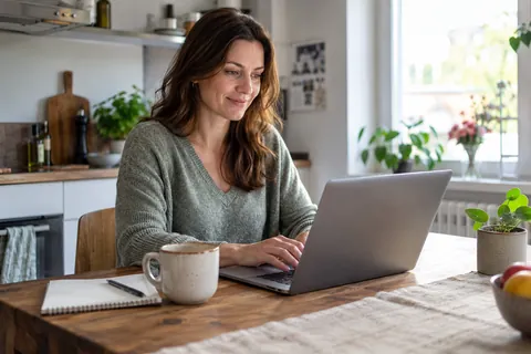 Bewerberin überarbeitet ihre Bewerbungsunterlagen am Laptop am heimischen Küchentisch.