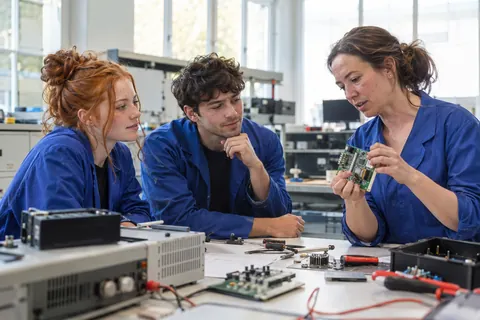 Zwei erwachsene Auszubildende lernen mit ihrer Ausbilderin an einem Elektronik-Arbeitsplatz.