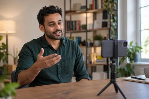 Bewerber nimmt mit einem Smartphone auf einem Stativ eine Videobewerbung auf.