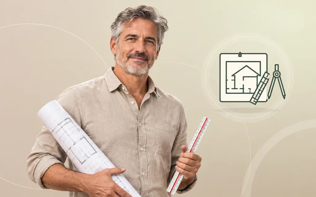 Architekt mit Bauplan und Maßstabslineal vor grafischem Architekturplan.