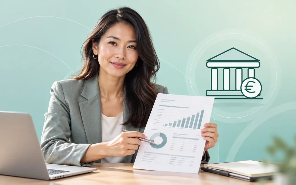 Finanzberaterin mit Diagramm und Unterlagen vor grafischem Bankgebäude.