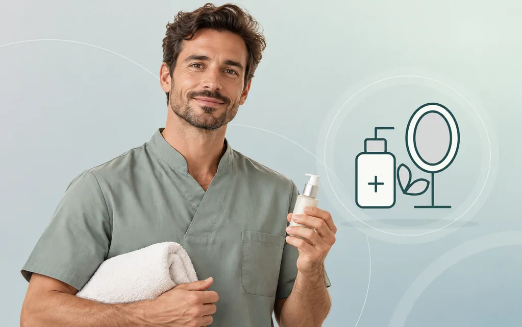 Wellnessmitarbeiter mit Handtuch und Pflegeflasche vor grafischem Beauty-Motiv.