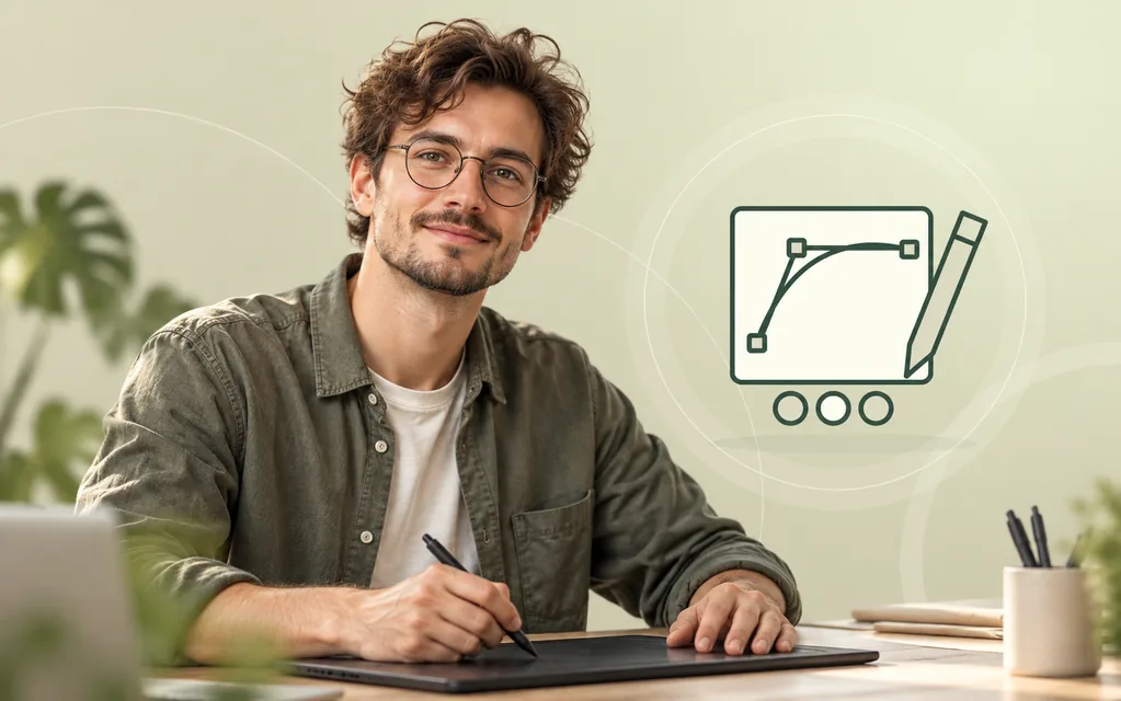 Designer mit Stift am Zeichentablet vor grafischer Bézierkurve.