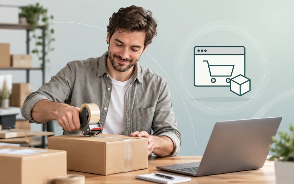 Onlinehändler verpackt eine Sendung neben dem Laptop vor grafischem Onlineshop.