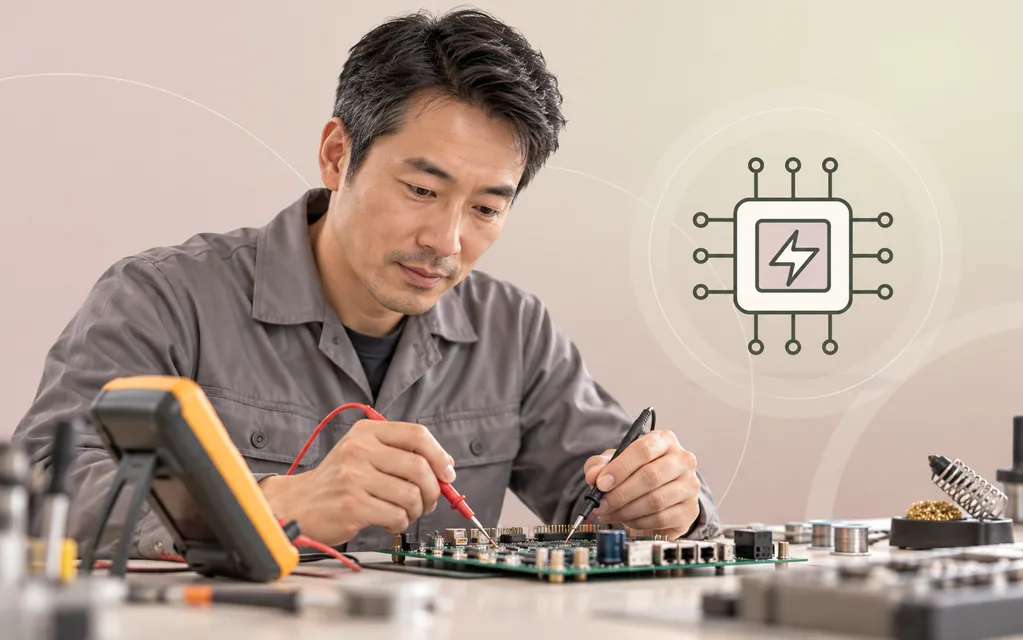 Elektroniker prüft eine Leiterplatte mit Multimeter vor grafischem Mikrochip.