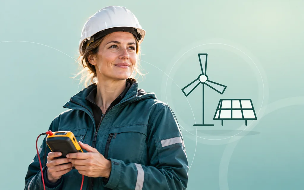 Energietechnikerin mit Schutzhelm und Messgerät vor grafischem Windrad und Solarmodulen.