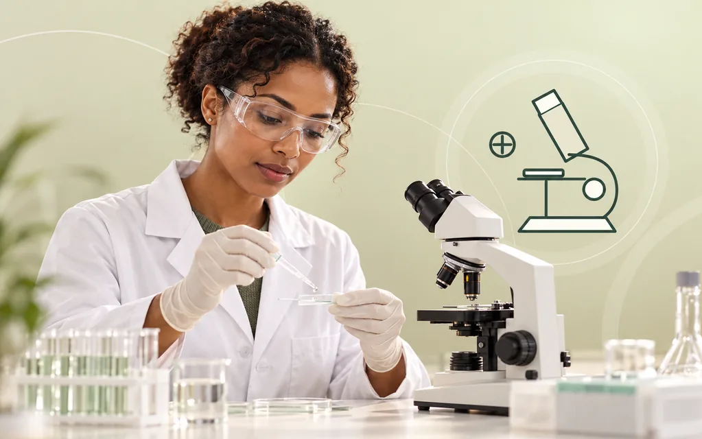 Wissenschaftlerin mit Laborkittel und Schutzbrille arbeitet an einem Mikroskop.