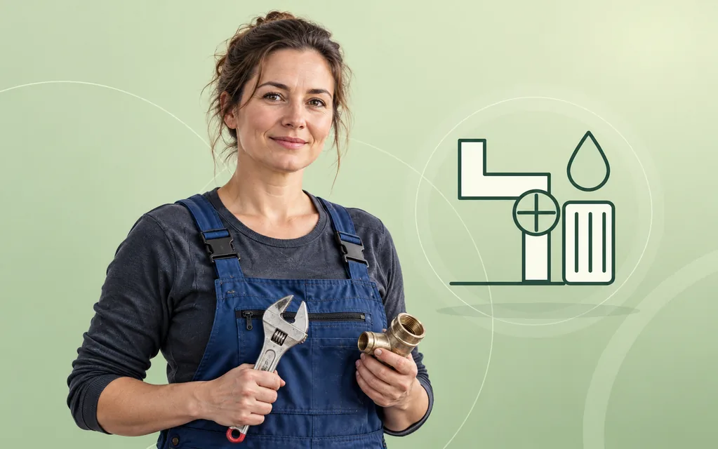 Installateurin mit Rohrverbinder und Werkzeug vor grafischen Leitungen und Heizkörper.
