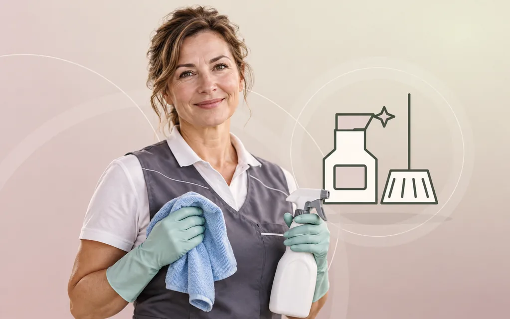Reinigungsfachkraft mit Handschuhen, Tuch und Sprühflasche vor grafischem Reinigungsmotiv.