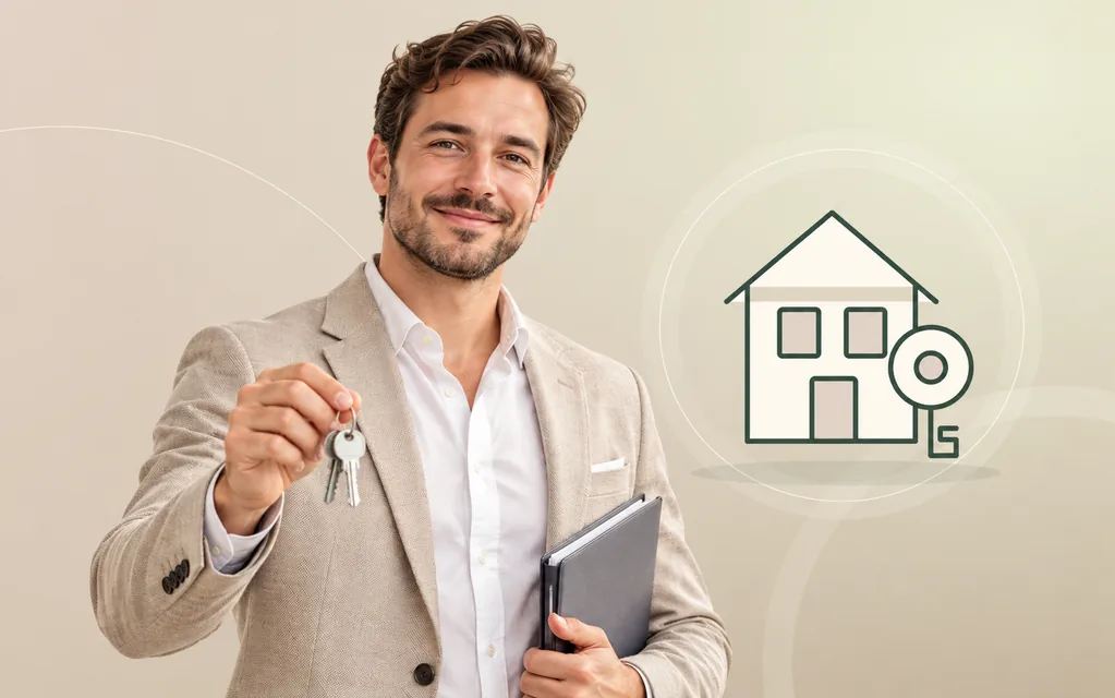 Immobilienberater mit Schlüsseln und Objektmappe vor grafischem Hausmotiv.