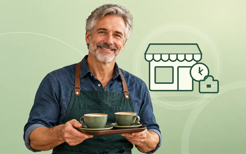 Servicekraft mit Schürze und Kaffeetablett vor grafischem Uhr- und Arbeitsmotiv – Minijob.