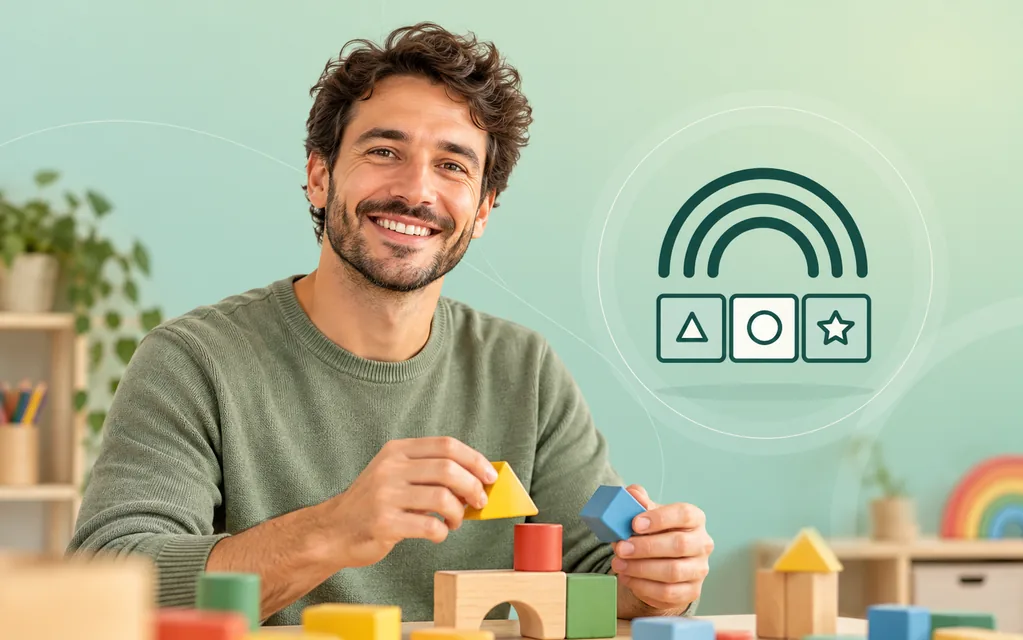 Erzieher mit bunten Holzbausteinen vor grafischem Spiel- und Lernmotiv.
