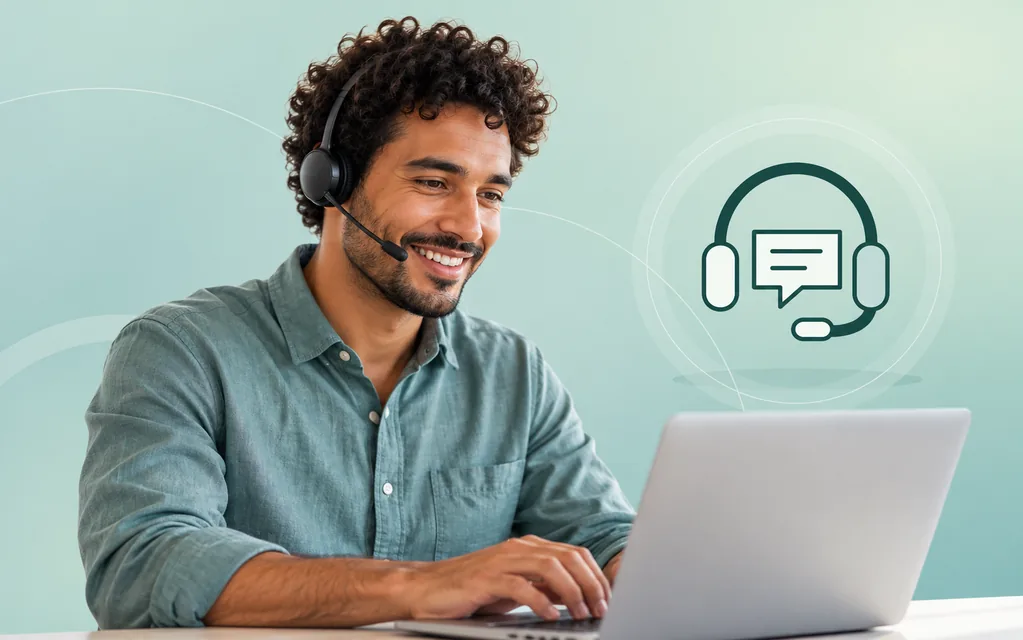 Kundenservice-Mitarbeiter mit Headset am Laptop vor türkiser Grafik mit Sprechblase.