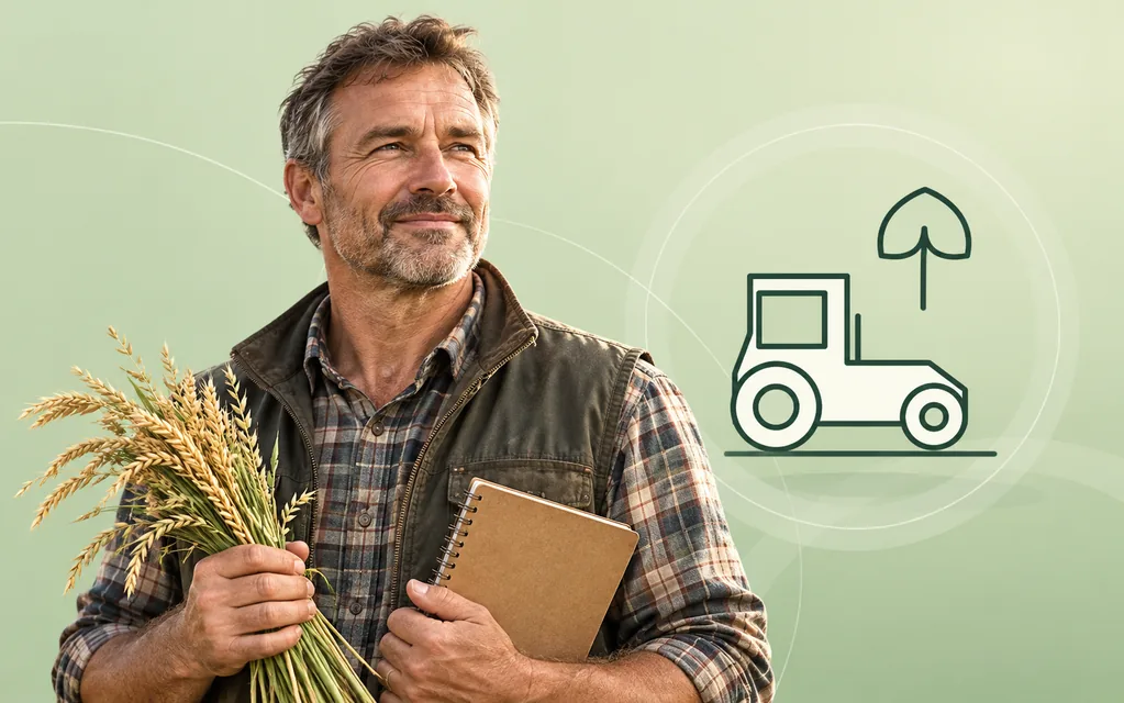 Landwirt mit Getreideähren und Feldnotizen vor grafischem Traktor- und Baummotiv.