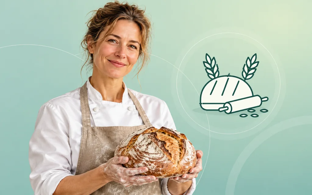 Bäckerin mit frischem Brot vor grafischem Ähren- und Backmotiv.