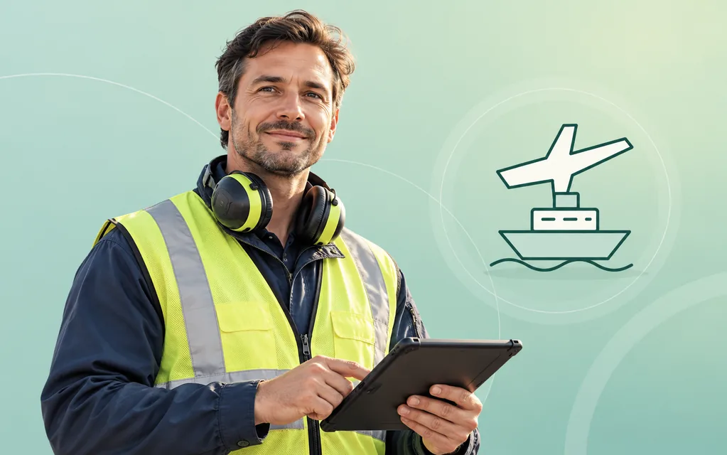 Mitarbeiter der Luftfahrtlogistik mit Warnweste, Gehörschutz und Tablet vor Flugzeug- und Schiffsmotiv.