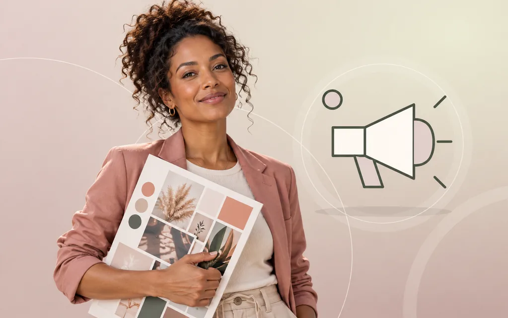 Marketingfachfrau mit Kampagnen-Moodboard vor roséfarbener Grafik mit Megafon.