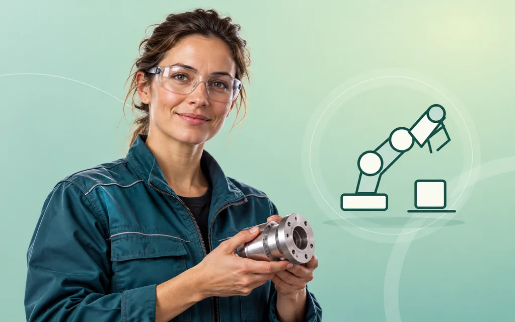 Mechatronikerin mit Schutzbrille und Präzisionsbauteil vor grafischem Roboterarm.