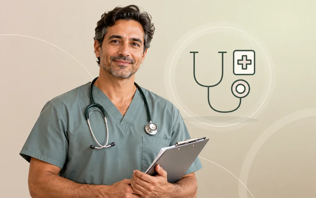 Mediziner mit Stethoskop und Patientenmappe vor grafischem Therapiemotiv.