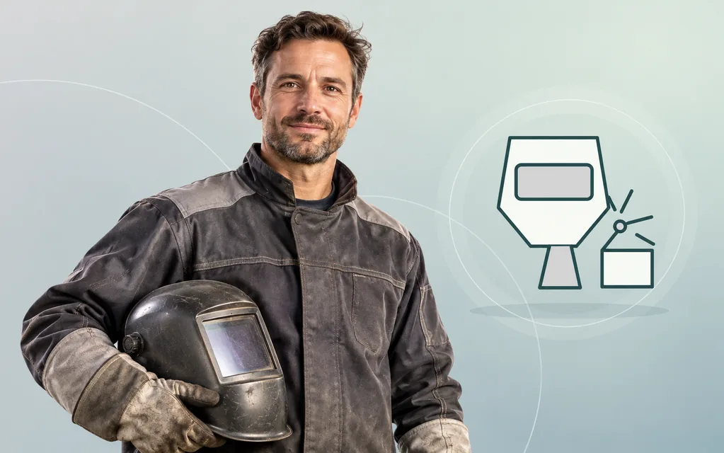 Schweißer in Schutzkleidung mit Schweißhelm vor grafischem Metallbearbeitungsmotiv.