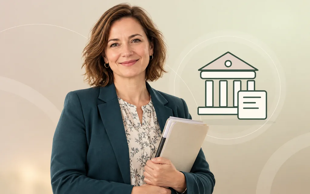 Verwaltungsmitarbeiterin mit Dokumentenmappe vor grafischem Behördengebäude.