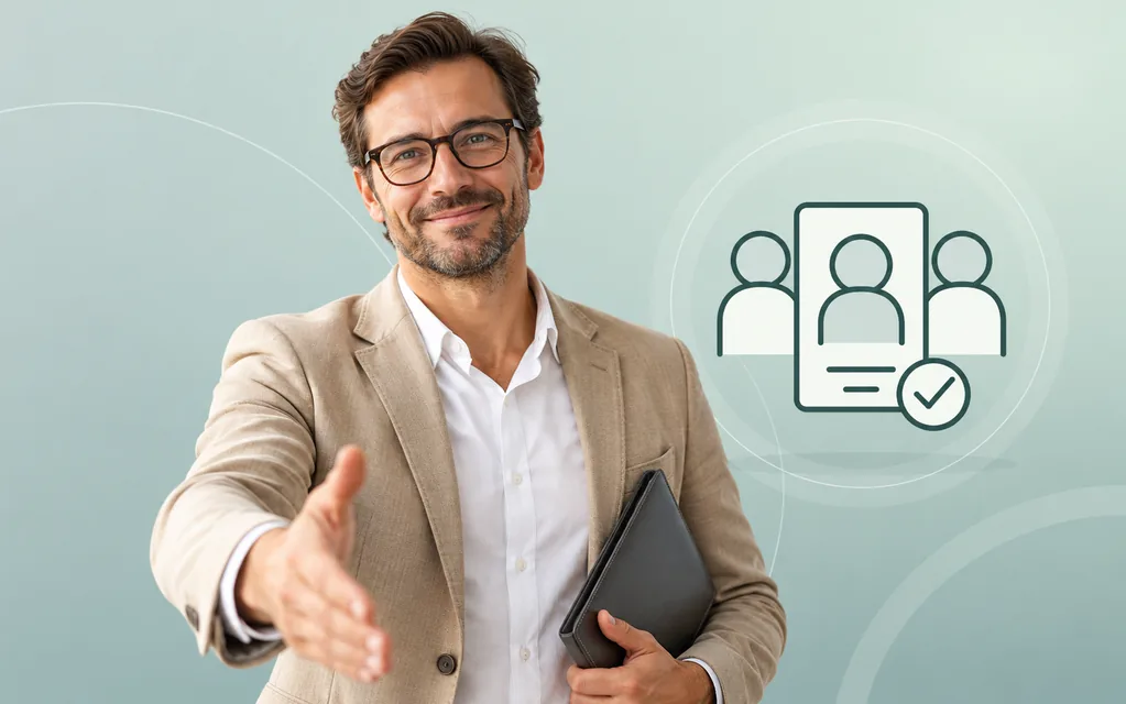Recruiter mit Bewerbungsmappe und einladender Geste vor grafischen Profilkarten.