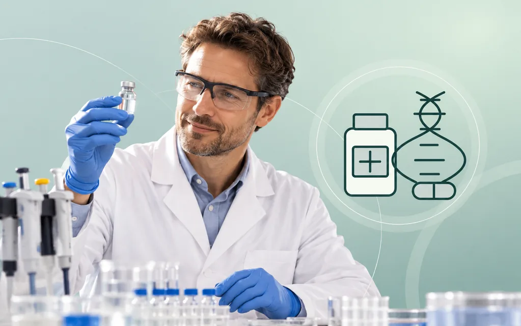 Pharmazeut mit Probenfläschchen und Laborutensilien vor grafischer Doppelhelix.