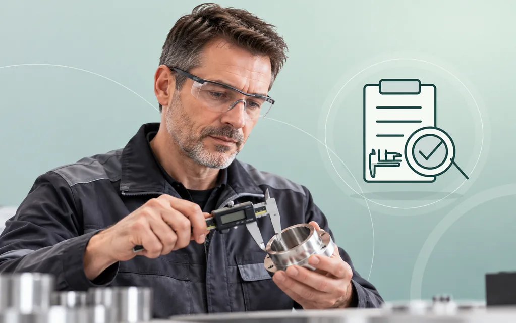 Qualitätsprüfer mit Schutzbrille misst ein Werkstück mit digitalem Messschieber.