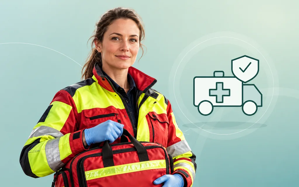 Rettungsdienstmitarbeiterin mit Einsatzkleidung und Erste-Hilfe-Tasche vor grafischem Rettungsmotiv.