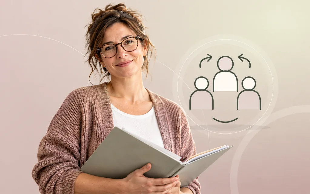 Sozialarbeiterin mit Informationsmappe vor grafischem Gemeinschaftsmotiv.