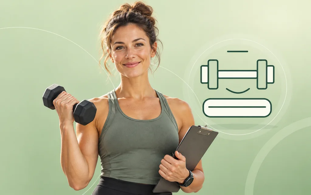 Fitnesstrainerin mit Hantel und Trainingsplan vor grafischem Bewegungsmotiv.