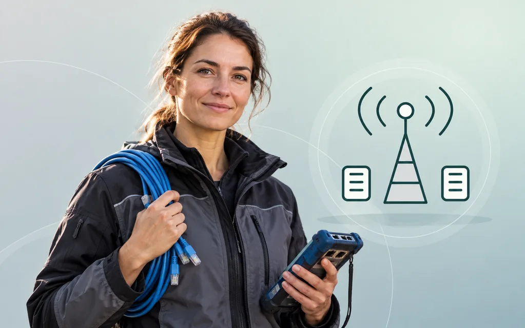 Netzwerktechnikerin mit Kabel und Prüfgerät vor grafischem Funkmast.