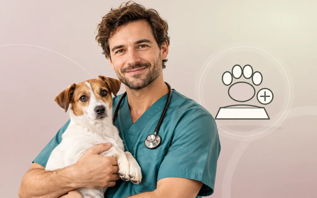 Tierarzt in Arbeitskleidung hält einen kleinen Hund vor grafischem Pfotenmotiv.