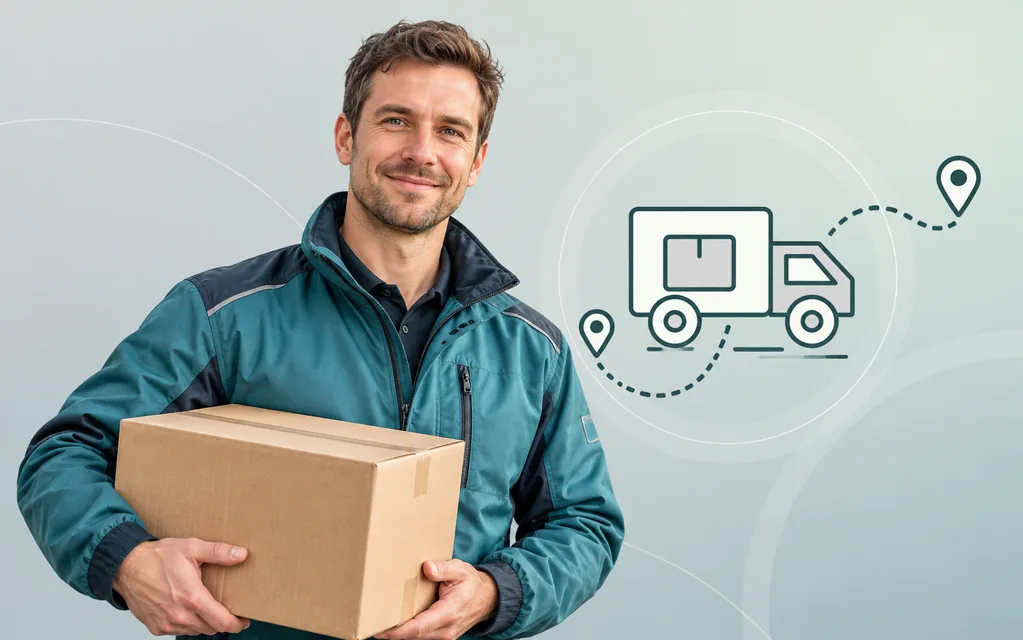 Zusteller mit Paket vor grafischem Lieferfahrzeug und Route.