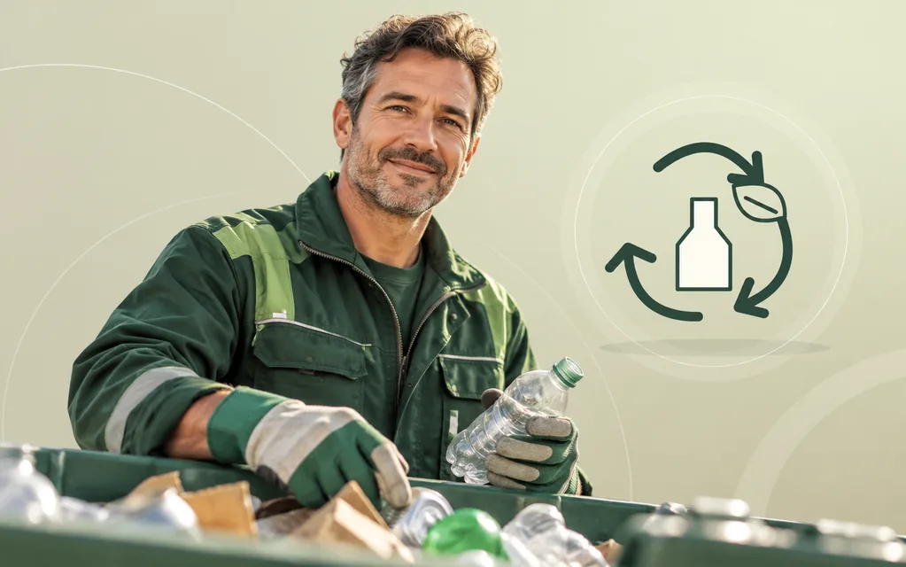 Recyclingmitarbeiter mit Schutzhandschuhen sortiert Wertstoffe vor grafischen Kreislaufpfeilen.