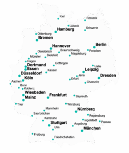 Karte, die zeigt, dass man bei Caluma deutschlandweit in bis zu 529 Orten Personal buchen kann