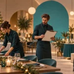Ein dreiköpfiges Serviceteam bereitet einen festlich beleuchteten Veranstaltungsraum mit gedeckter Tafel und Bar vor.