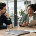 Personalverantwortliche und Bewerber besprechen Vergütungsunterlagen.