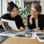 Berufseinsteigerin zeigt einem Berater eine Mappe mit Arbeitsbeispielen.