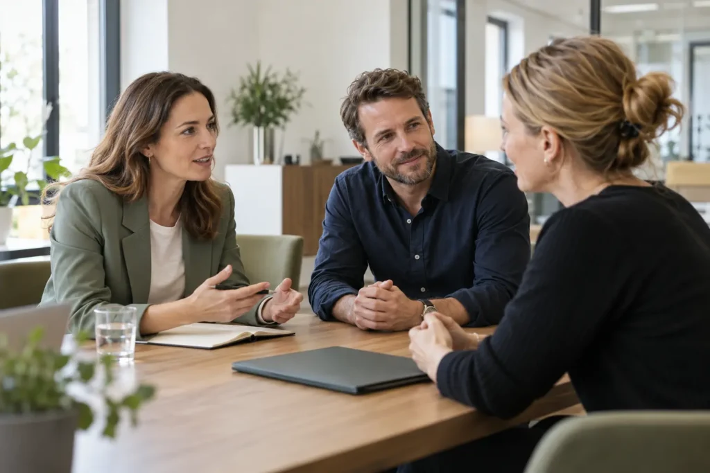 Personalberaterin und zwei Gesprächspartner besprechen ein Anforderungsprofil am Tisch.