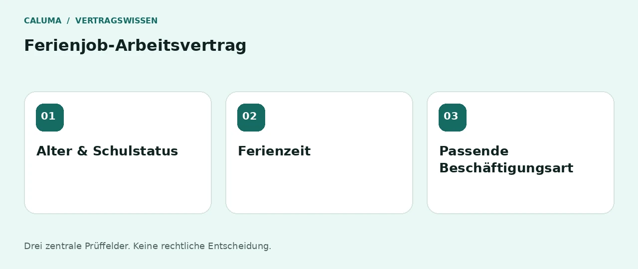 Ferienjob-Arbeitsvertrag: Alter & Schulstatus, Ferienzeit, Passende Beschäftigungsart