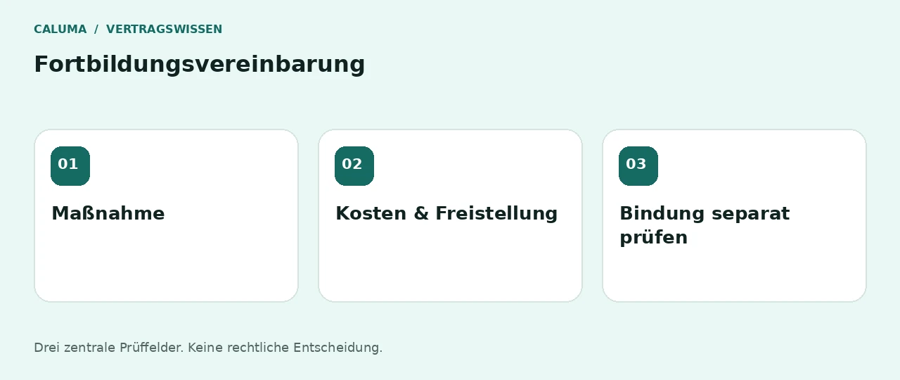Fortbildungsvereinbarung: Maßnahme, Kosten & Freistellung, Bindung separat prüfen