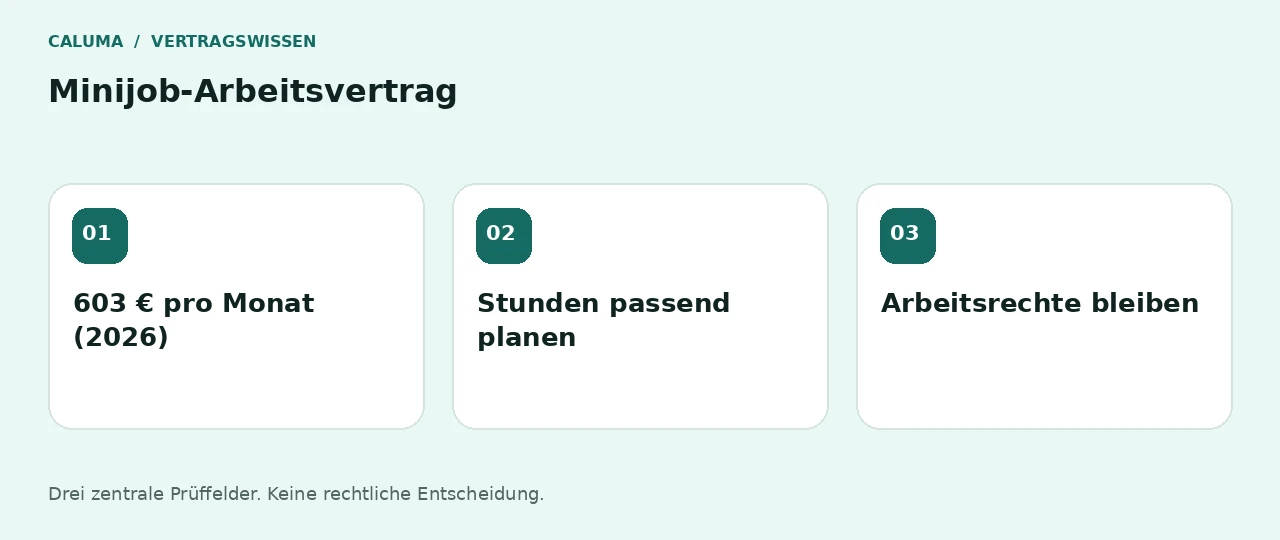 Minijob-Arbeitsvertrag: 603 € pro Monat (2026), Stunden passend planen, Arbeitsrechte bleiben