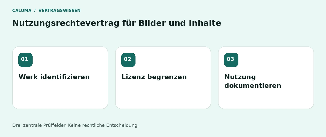 Nutzungsrechtevertrag für Bilder und Inhalte: Werk identifizieren, Lizenz begrenzen, Nutzung dokumentieren